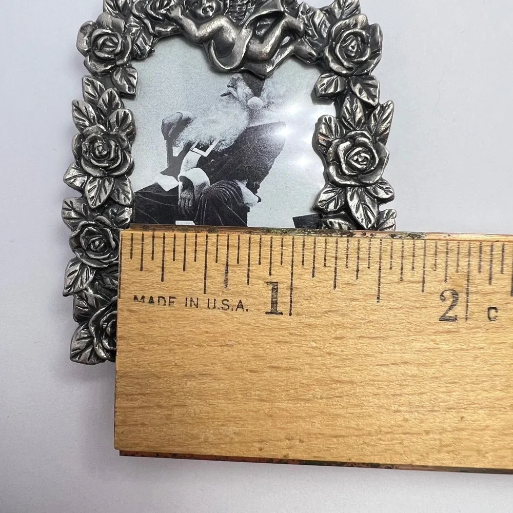 Vintage Mini Picture‎ Frame Silver Rose Cherub Small Pewter Tone Floral Decor